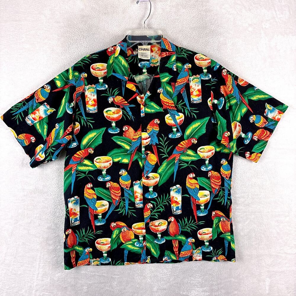 VTG Cintas Hawaiian Shirt Mens L Multicolor Parrot Cocktail AOP Aloha Tiki USA